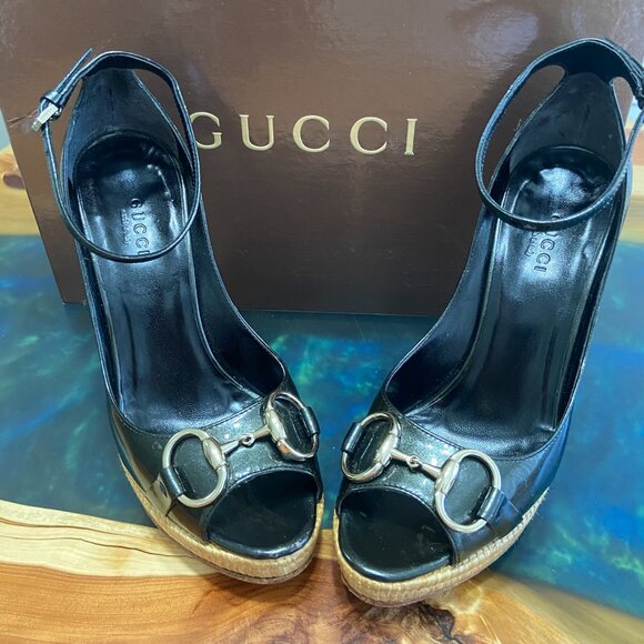 Gucci 5.5US 35.5 EU, NERO Platform Peep Toe Shoes (Sand Pelle S. Cuoio 1000)